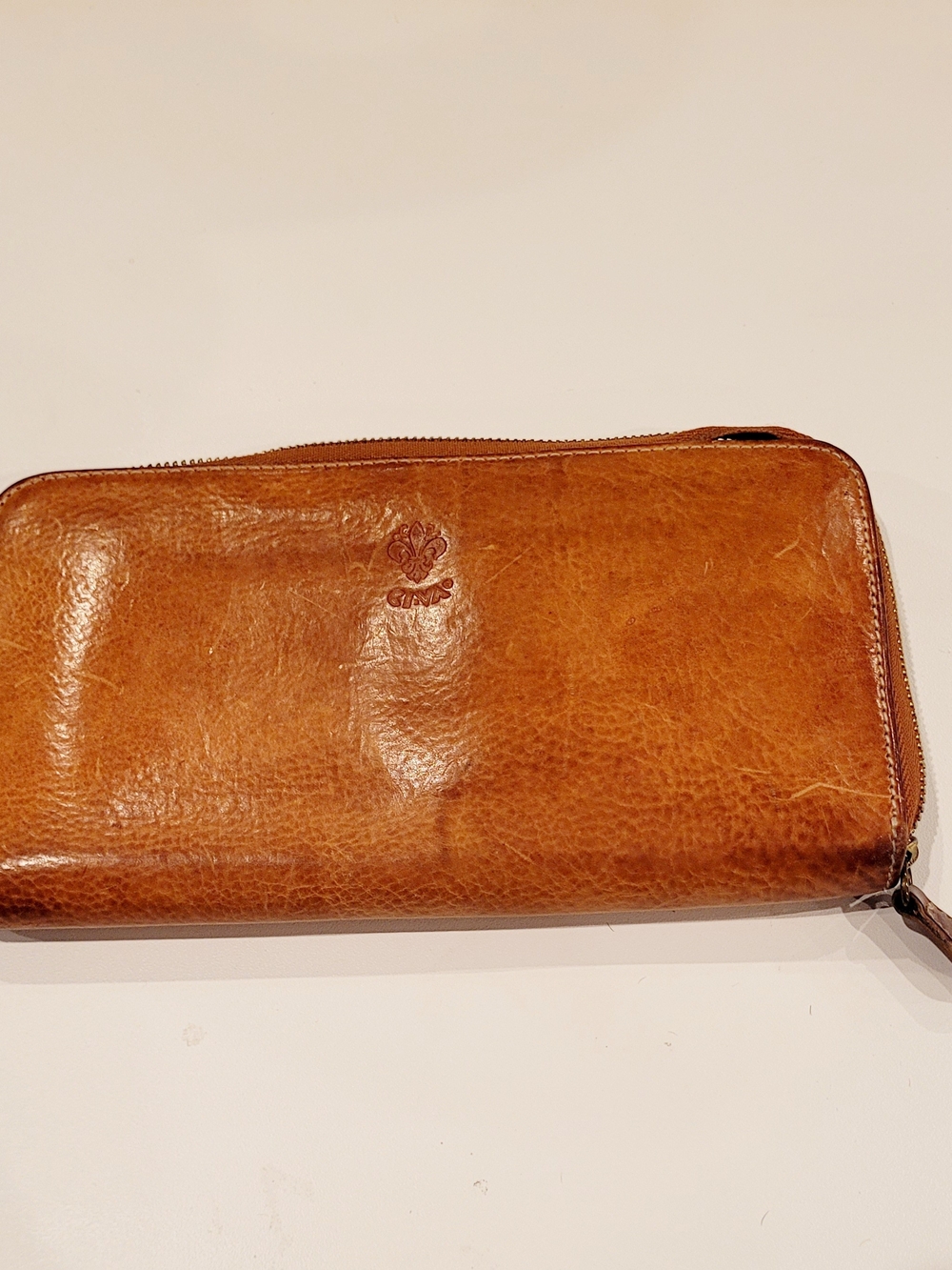 Genuine Leather Zip Around Wallet - Cognac Brown